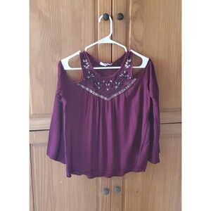 Rewind Womens Cold Shoulder Gauxy Peasant Blouse Red Purple Size XL Embroidered